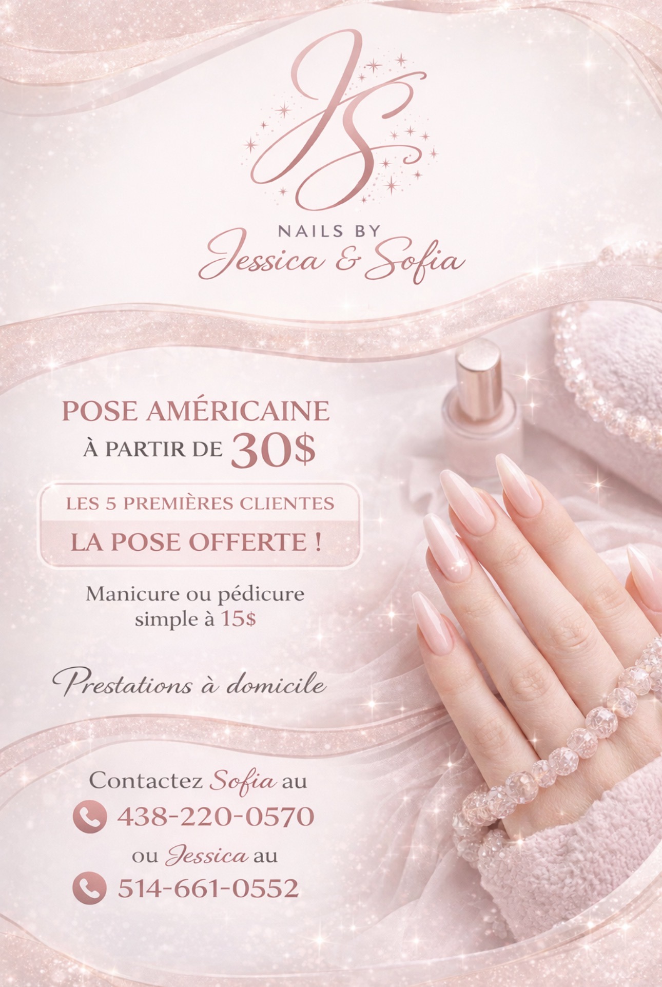 Flyer rose Nails by Jessica et Sofia avec une pose d'ongles.